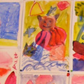 Målning med blå, gula och röda färger, Lilla Samskolan